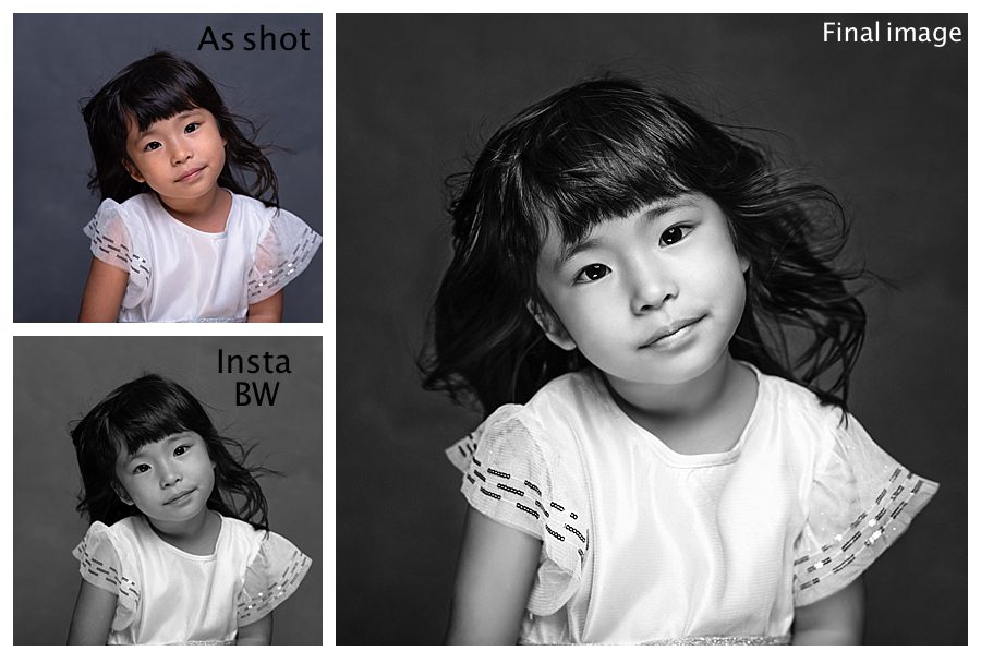 black and white portrait of a three year old Japanese girl