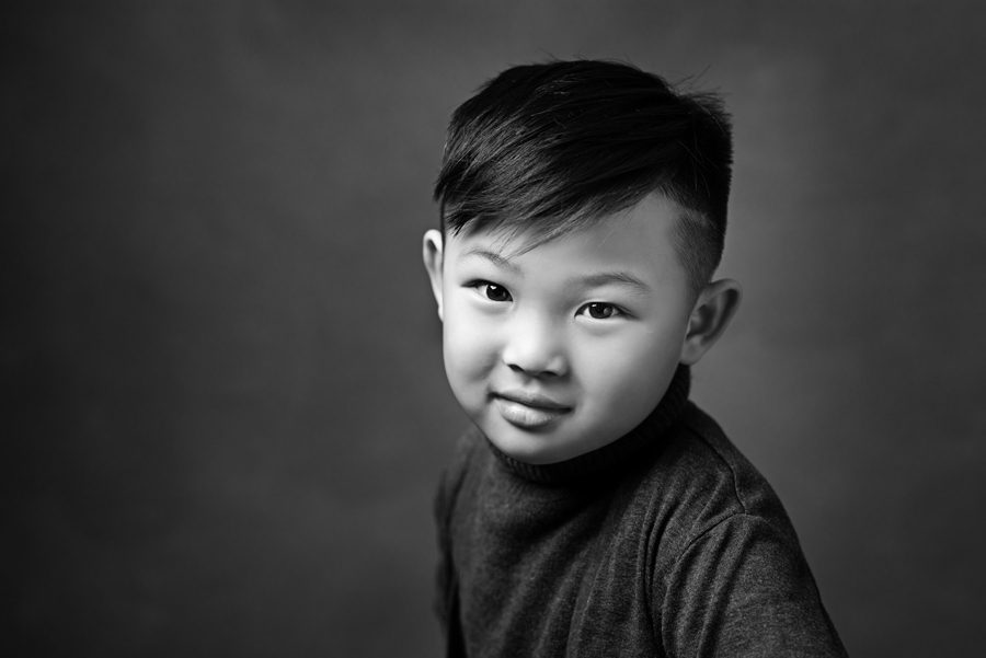black and white portrait of five year old Chinese boy